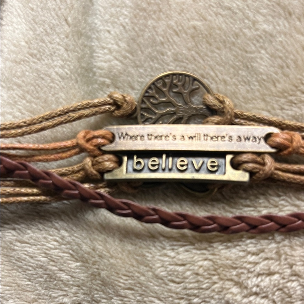 Believe Multi-Strand Brown Leather & Bronze Inspirational Bracelet